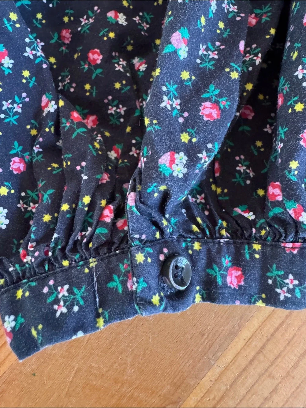 Doen Black Floral Jeanne Puff Sleeve Blouse with Pink & Green Floral Accents